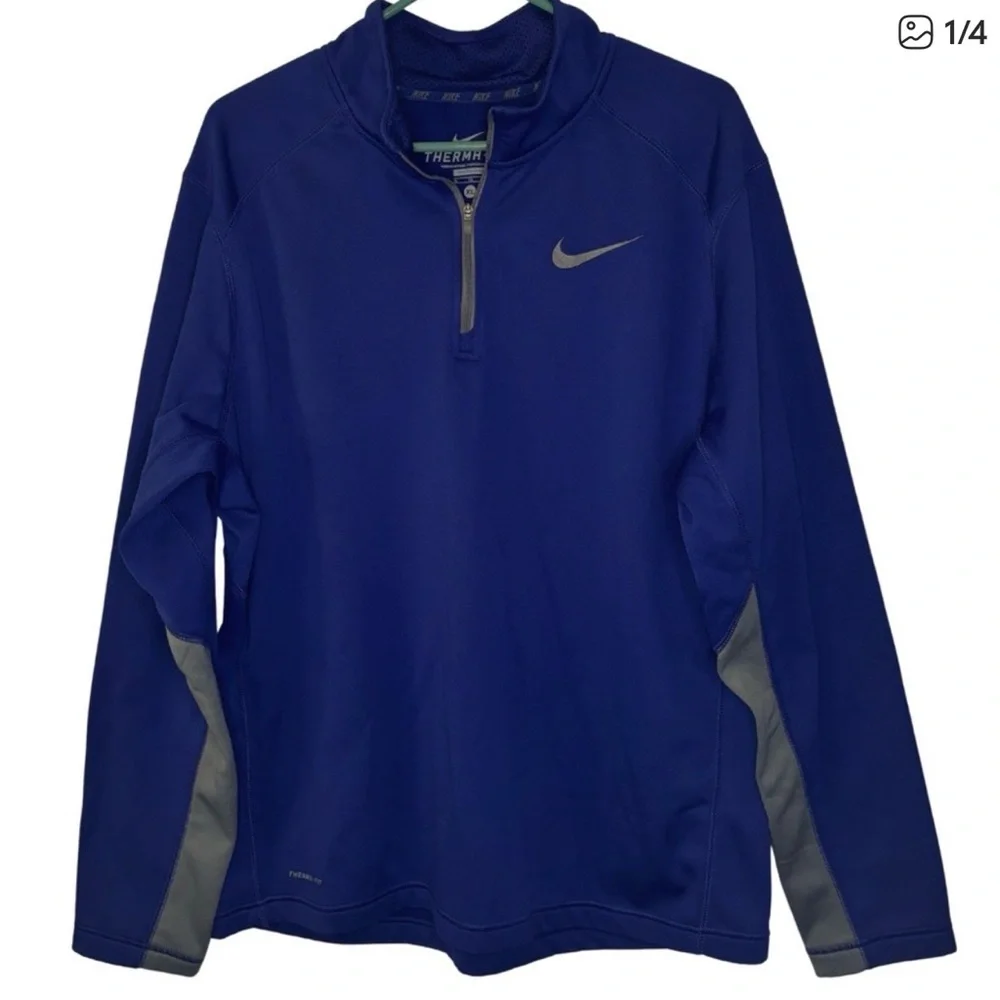 Nike Therma Fit Blue and Gray Mock Neck Colorblock Swoosh 1/4 Zip Fleece